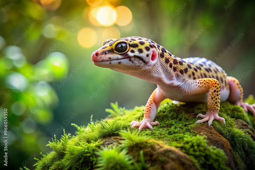 A gentle leopard gecko perches on a moss-covered rock, its spotted scales glistening in the soft light, its A gentle leopard gecko perches on a moss-covered rock, its spotted scales glistening in the soft light, its