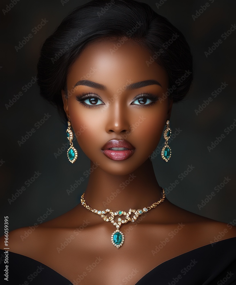A woman with green earrings and a gold necklace A woman with green earrings and a gold necklace