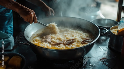 A cook in a home kitchen preparing boiled rice with pork, stirring a large pot filled with simmering broth, rice, and tender pork slices, with ingredients scattered on the counter