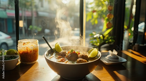 A cozy Indonesian cafa with a steaming bowl of bakso meatball soup on the table, garnished with lime wedges and sambal, with a view of the street outside through the window photo