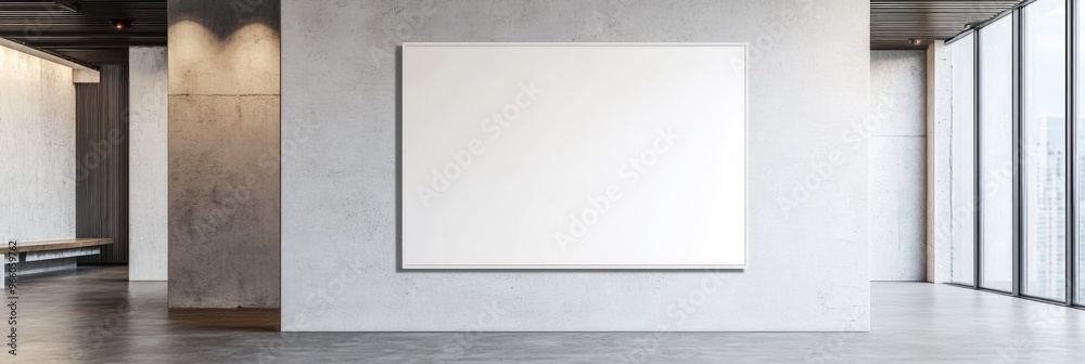 Modern Gallery Exhibition. Blank White Canvas Poster Mockup on Brick Wall Modern Gallery Exhibition. Blank White Canvas Poster Mockup on Brick Wall