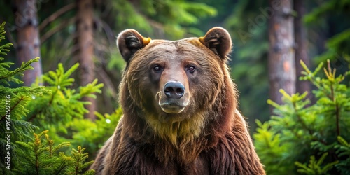 Close-Up Photograph Of A Large Brown Bear Standing In A Forest With Trees And Bushes In The Background photo