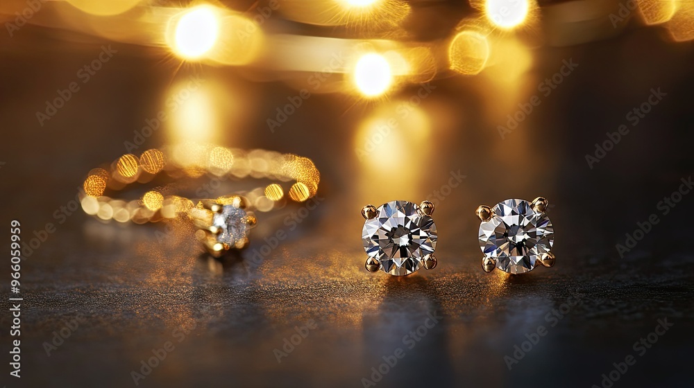 A delicate 18k gold necklace and solitaire diamond earrings set, presented elegantly in a soft light, perfect for a luxurious and timeless jewelry showcase A delicate 18k gold necklace and solitaire diamond earrings set, presented elegantly in a soft light, perfect for a luxurious and timeless jewelry showcase