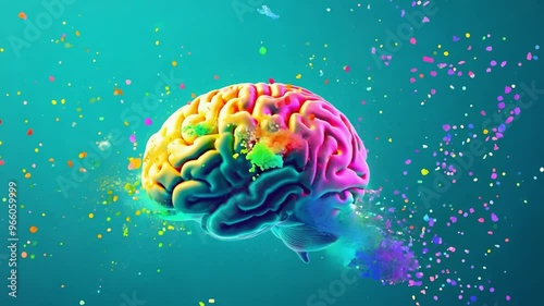 A vibrant brain surrounded by colorful splashes that represent creativity and the dynamic nature of thinking