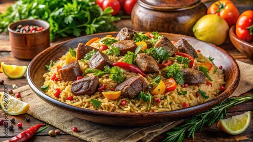 Close-Up Shot Of A Colourful, Vibrant, And Aromatic Egyptian Dish Featuring Seasoned Rice, Tender Meats, And Fresh Vegetables, Garnished With Herbs And Spices. photo