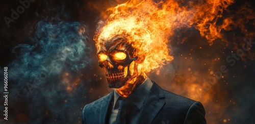 A surreal representation of a fiery skull in a business suit against a dark b...