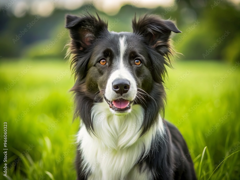 A handsome border collie with a thick coat and piercing eyes stands alertly in a green meadow, its A handsome border collie with a thick coat and piercing eyes stands alertly in a green meadow, its