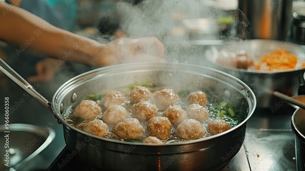 A detailed look at the process of making bakso meatball soup, from rolling the meatballs to cooking the noodles and assembling the final dish in a bustling kitchen A detailed look at the process of making bakso meatball soup, from rolling the meatballs to cooking the noodles and assembling the final dish in a bustling kitchen