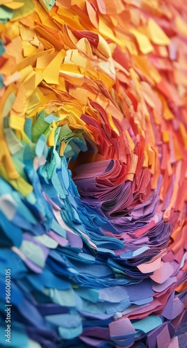 Colorful swirling artwork made of plastic pieces, showcasing vibrant hues and...