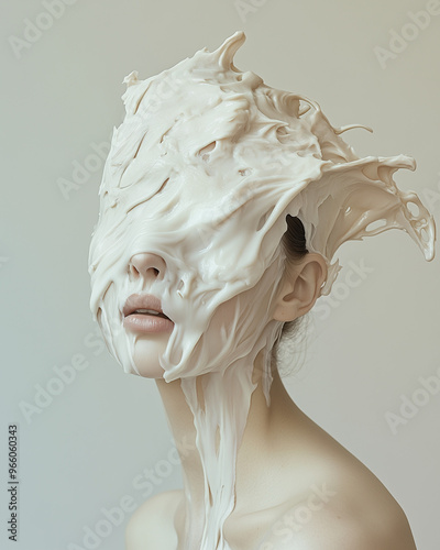 Close-up woman head profusely covered by white cream all over her face and head, surreal art, neutral background photo