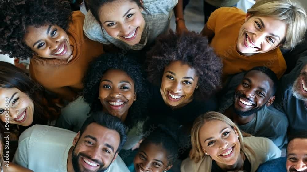 A group of people of different ages and ethnicities look up and smile at the camera, showcasing diversity and unity, view from above A group of people of different ages and ethnicities look up and smile at the camera, showcasing diversity and unity, view from above