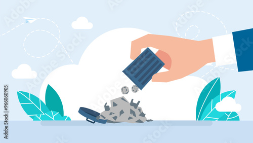 Hand holding dustbin with trash. A man pours out a pile of garbage from a dumpster. Housework, ecology, pollution concept. Flat vector illustration. 