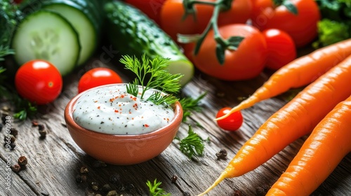 A fresh carrot dipped in creamy ranch dressing, with vibrant vegetables like cherry tomatoes, peppers, and cucumbers on a wooden table, creating a perfect snack composition