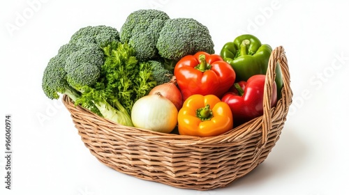 A fresh vegetable basket filled with broccoli, onions, tomatoes, and bell peppers, isolated on a solid white background in a studio setting