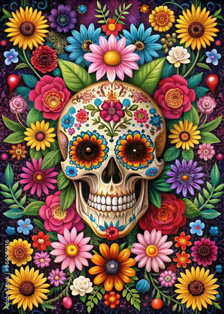 Festive Skull Background for Day of the Dead Celebrations with Beautiful Floral Accents Festive Skull Background for Day of the Dead Celebrations with Beautiful Floral Accents
