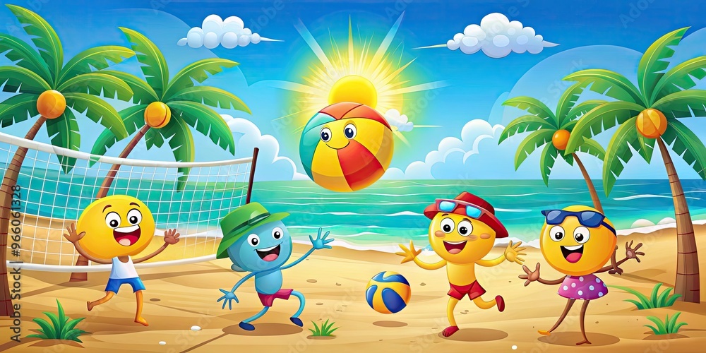 Colorful cartoon illustration of a sunny beach scene featuring anthropomorphic beach balls and volleyballs playing a lively game of volleyball amidst palm trees and waves. Colorful cartoon illustration of a sunny beach scene featuring anthropomorphic beach balls and volleyballs playing a lively game of volleyball amidst palm trees and waves.