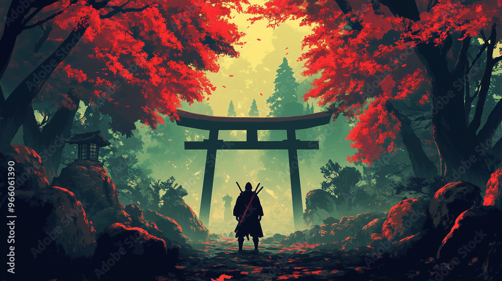 Fototapeta premium anime-style digital painting illustration of samurai warrior silhouette standing next to Torii Gate in dark mystical forest woods