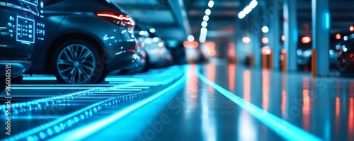 Smart car parking system, digital space allocation, modern garage, blue lights