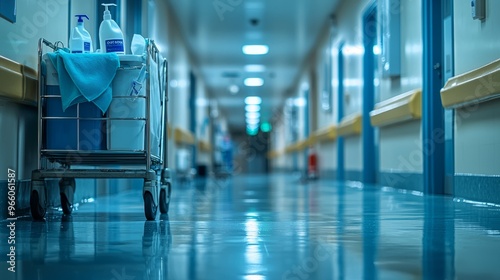 Hospital hallway with cleaning cart and medical supplies on a trolley