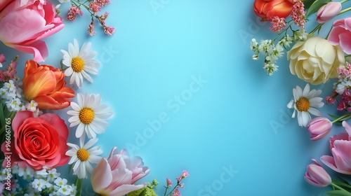 An advertisement sign related to flowers with a blue background. Feature vibrant and colorful floral visuals, including different types of flowers like roses, tulips, or daisies. photo