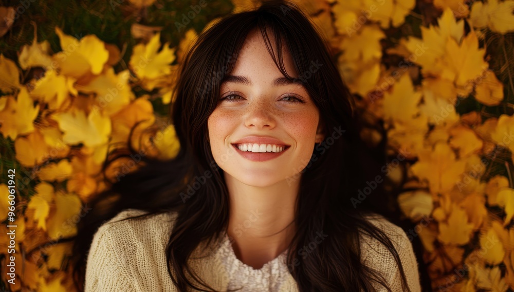 A young woman smiles joyfully while lying on a bed of vibrant yellow autumn leaves in a serene natural setting A young woman smiles joyfully while lying on a bed of vibrant yellow autumn leaves in a serene natural setting