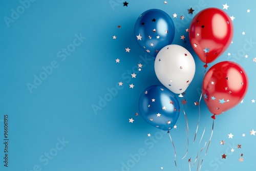 Colorful balloons with stars arranged on a blue background for a festive cele...