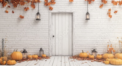 Autumn decorations with pumpkins and lanterns against a white brick wall