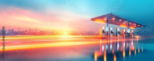 Smart fuel station, digital energy analytics, cityscape, modern architecture