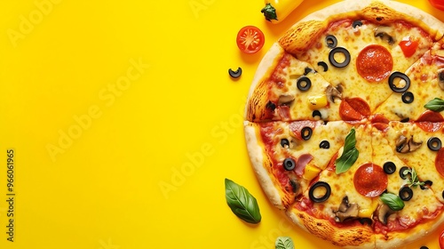 An advertisement related to pizza with a yellow background. Feature mouth-watering visuals of a pizza with toppings like cheese, pepperoni, and vegetables. photo