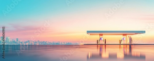 Smart fuel station, digital energy analytics, cityscape, modern architecture