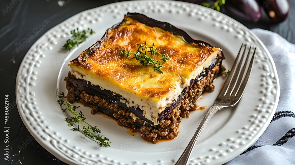 Beautifully Plated Greek Moussaka with Layers of Eggplant Ground Beef and Bechamel Sauce Beautifully Plated Greek Moussaka with Layers of Eggplant Ground Beef and Bechamel Sauce