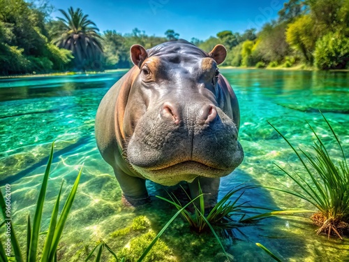 A large hippopotamus stands partially submerged in calm turquoise water, its smooth gray skin glistening in the photo