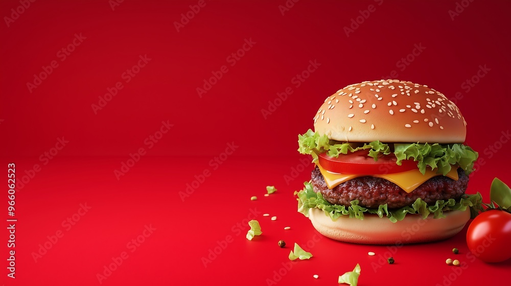 Hamburgers with a red background. Feature a mouth-watering visual of a juicy hamburger with fresh toppings like lettuce, cheese, and tomatoes. Hamburgers with a red background. Feature a mouth-watering visual of a juicy hamburger with fresh toppings like lettuce, cheese, and tomatoes.