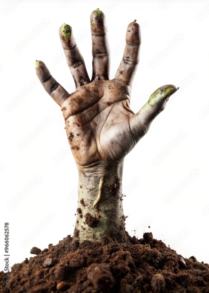 Fototapeta premium A Spooky Zombie Hand Emerging from Soil Perfect for Halloween and Horror Theme Designs