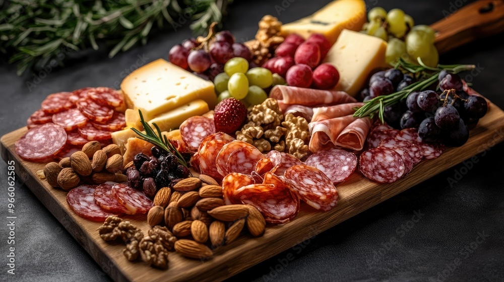 A gourmet charcuterie board with a perfect composition of meats, cheeses, fruits, and nuts, presented in soft lighting for an elegant and balanced look A gourmet charcuterie board with a perfect composition of meats, cheeses, fruits, and nuts, presented in soft lighting for an elegant and balanced look