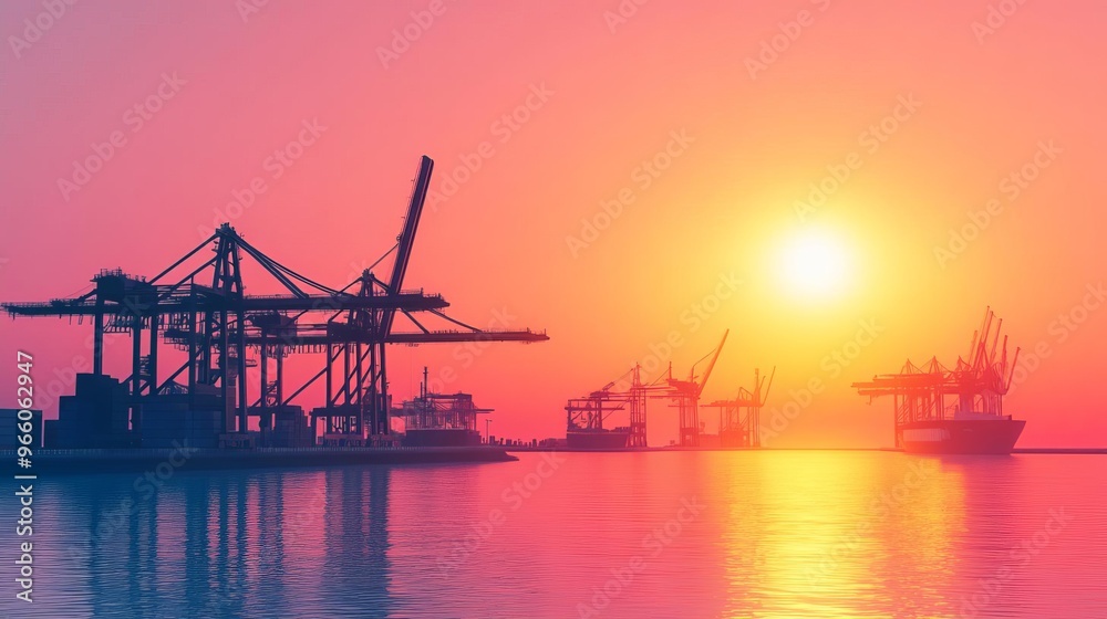 Smart port logistics, digital tracking screens, high-tech cranes, sunset hues Smart port logistics, digital tracking screens, high-tech cranes, sunset hues