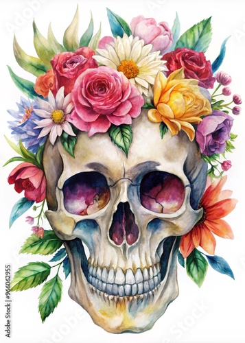 An Artistic Watercolor Skull Surrounded by Vibrant Flowers for Unique Decoration and Designs