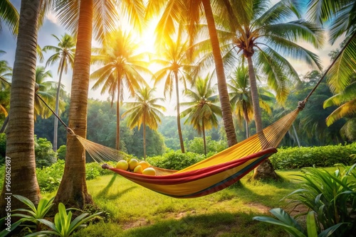 A lone, perfectly ripe banana rests lazily in a vibrant, colorful hammock suspended between two palm trees, surrounded photo