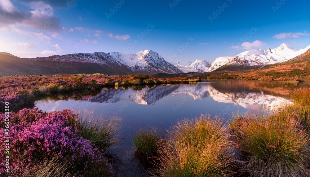 Tranquil Lake at Sunset with Vibrant Heathland and Snow-Capped Mountains Reflection Tranquil Lake at Sunset with Vibrant Heathland and Snow-Capped Mountains Reflection