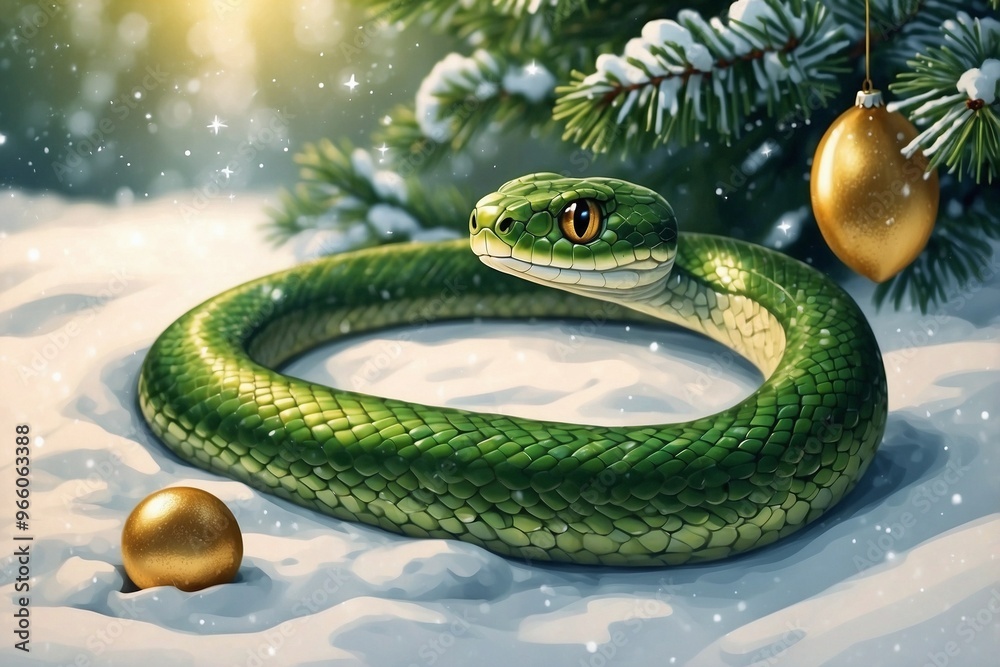 Fototapeta premium Cute Minimalist Cartoon Green Snake Against a Christmas Tree Background
