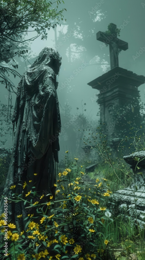 Eerie foggy cemetery with an angel statue and cross tombstone surrounded by overgrown plants and yellow flowers creating a haunting atmosphere. Eerie foggy cemetery with an angel statue and cross tombstone surrounded by overgrown plants and yellow flowers creating a haunting atmosphere.