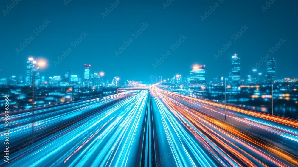 Obraz premium Smart traffic data dashboard, digital analytics, city at night, blue glow