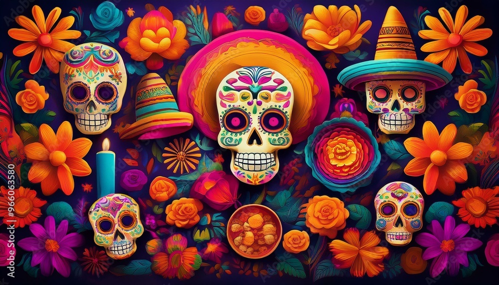 Fototapeta premium Vibrant Illustration of Mexican Day of the Dead A Colorful Celebration