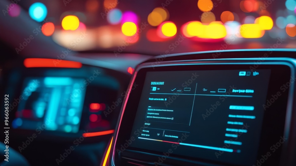 Smart taxi dispatch, digital booking interface, futuristic urban backdrop, night Smart taxi dispatch, digital booking interface, futuristic urban backdrop, night