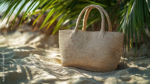 Woven straw bag placed on a sandy beach with tropical palm leaves