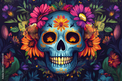 A vibrant blue skull adorned with colorful flowers, celebrating cultural themes of life and death.