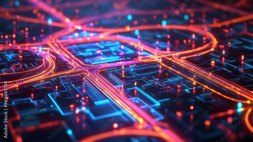 Smart traffic network, AI coordination, digital intersections, glowing city grid Smart traffic network, AI coordination, digital intersections, glowing city grid