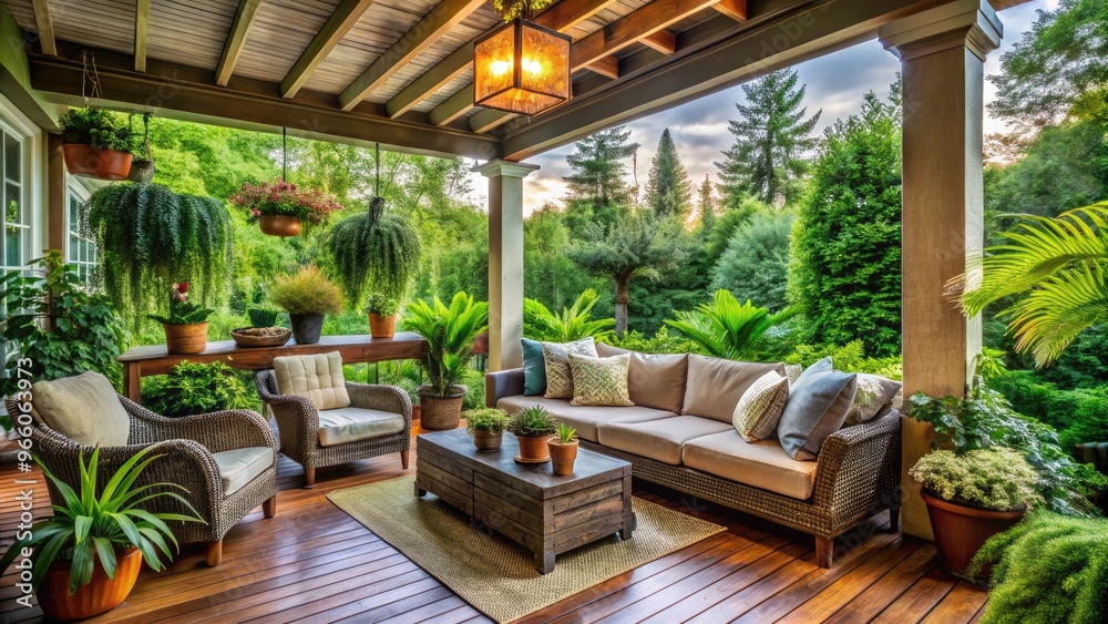 Fototapeta premium Cozy Back Porch With Comfortable Seating, Lush Plants, And A Serene Atmosphere Perfect For Relaxation And Outdoor Living