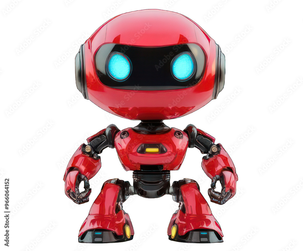 Red Robotic Character With Glowing Blue Eyes and Articulated Arms Isolated on a White Background Red Robotic Character With Glowing Blue Eyes and Articulated Arms Isolated on a White Background
