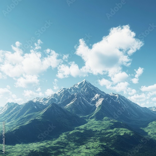 Snow capped mountain peak with lush green valleys beneath clear blue skies.